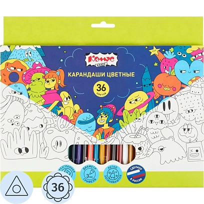 Карандаши цветные 36 цв/наб, 3-гранные Комус Класс Максики классические