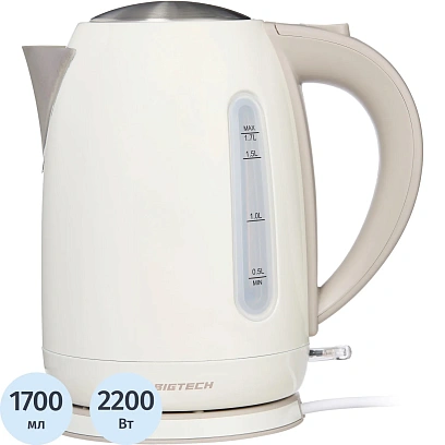 Чайник BigTech FEK216SМE, 1,7л, 2200 Strix, металл, беж