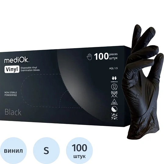 Перчатки виниловые одноразовые, н/о, черн. MediOk (S), 50п/уп 4гр.,ПС