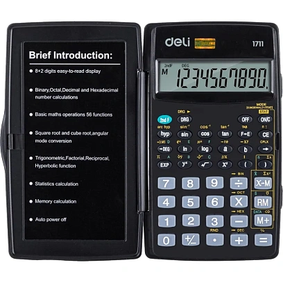 Калькулятор научный Deli E1711, 8-р, 56 функций, бат., 120x72мм, черный