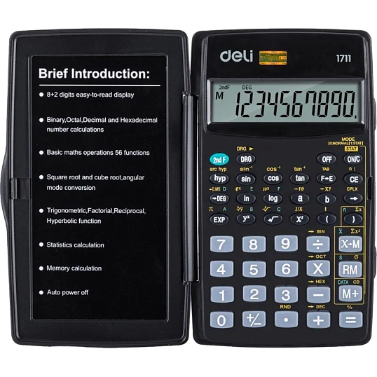 Калькулятор научный Deli E1711, 8-р, 56 функций, бат., 120x72мм, черный