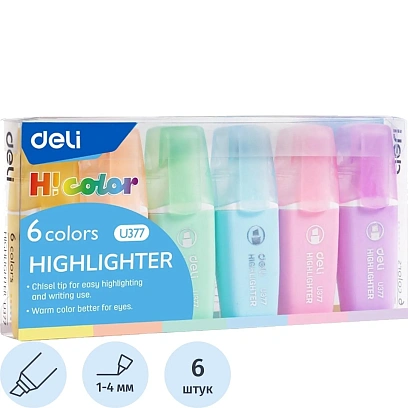 Набор текстовыделителей мини Deli 1-4 мм, скош.нак.,6цв, пастельн. EU377