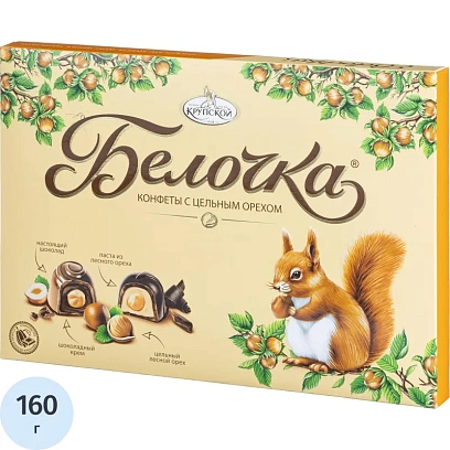 Конфеты Белочка шоколадные с цельным фундуком, 160г