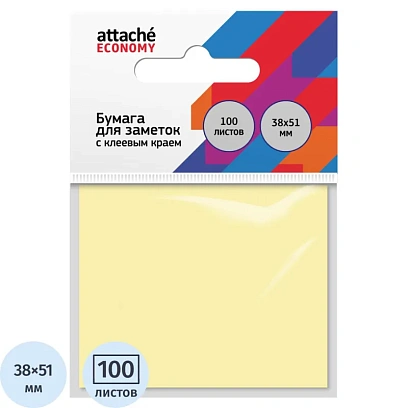 Бумага для заметок с клеевым краем Economy 38x51 мм, 100 л, пастел. желтый