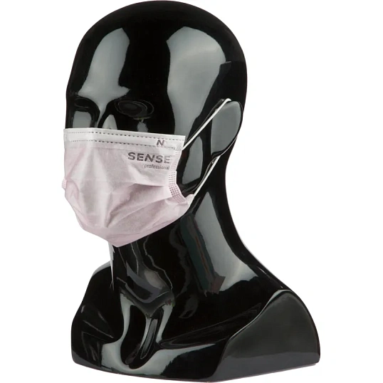 Маска медицинская 3-х сл., резинка, розовый, Sense, картон 50шт/уп