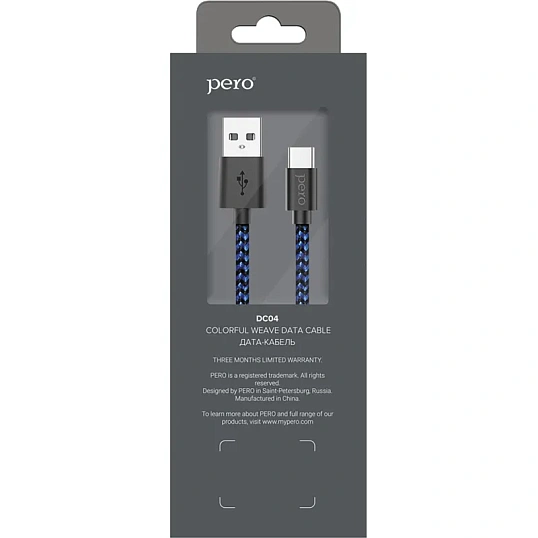 Кабель USB PERO DC-04 Type-C, 3А, 1м, Blue-black (Fast Charge)