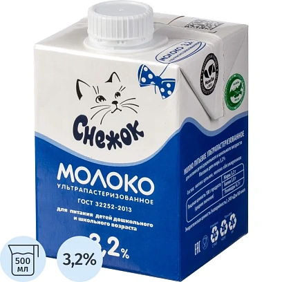 Молоко Снежок ультрапастеризованное 3,2%, 500мл