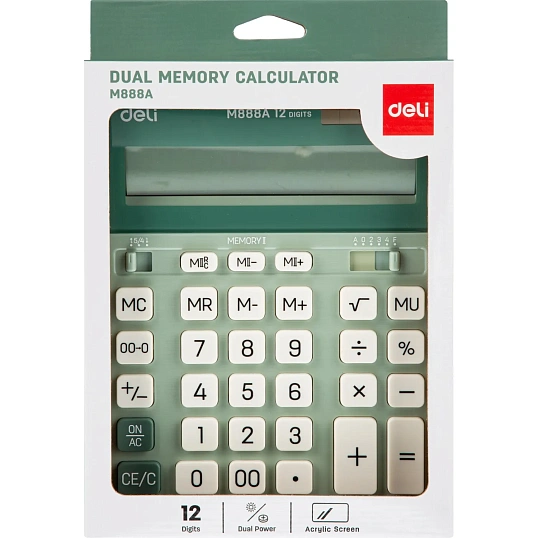 Калькулятор настольный Deli полноразм. EM888A, 12-ти разряд., мятн/бел
