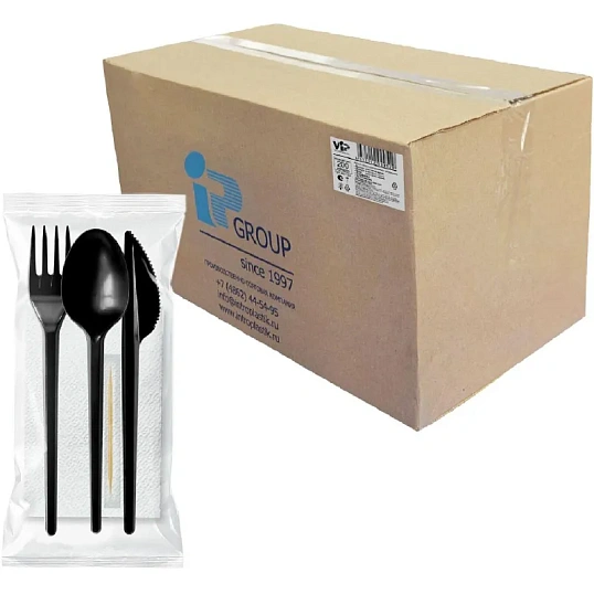 Набор столовых приборов №5 черный 18см., (в,л. ст., н.,салф,зуб) 200 шт/уп