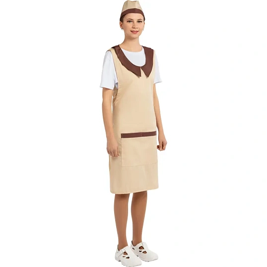 Фартук сарафан Маркет Профи с пилоткой всеразмерный цв. беж/шок