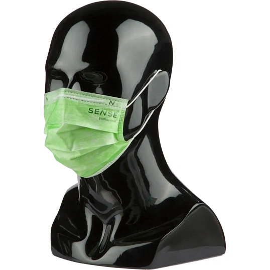Маска медицинская 3-х сл., резинка, мятный/зеленый, Sense, картон 50шт/уп