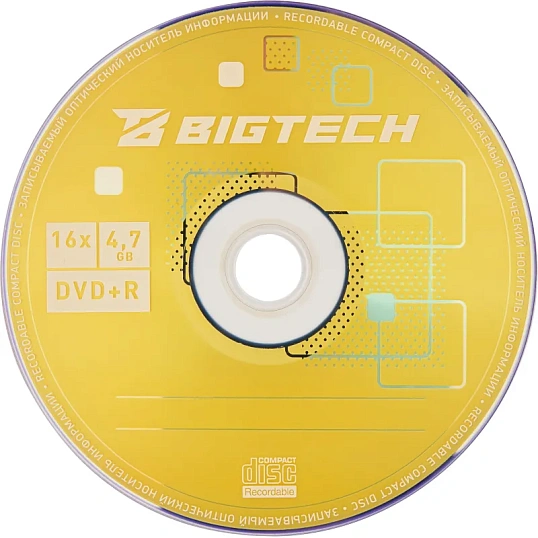 Носители информации Bigtech YDVDRB008 DVD+R 4,7 Гб/16х/50шт/уп cake box