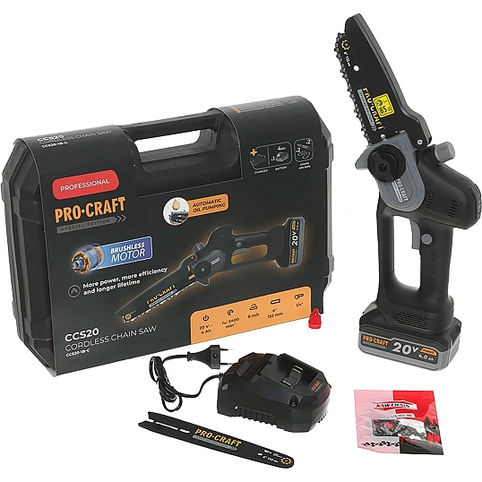 Пила цепная аккум. Procraft Professional 20В 6'(АКБ 4Ач+ЗУ) Кейс,CCS20