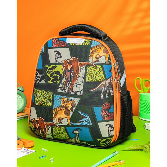 Ранец Комус Класс Basic Дино Комикс зеленый, 2 отд, эргоном спинка