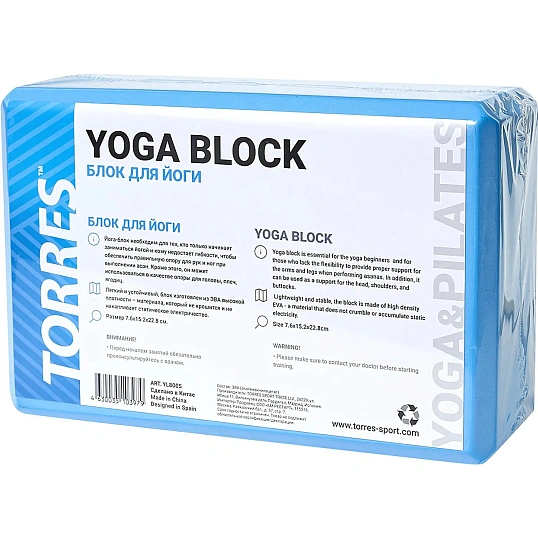 Блок для йоги TORRES, YL8005, размер 8x15x23 см, материал ЭВА, голубой