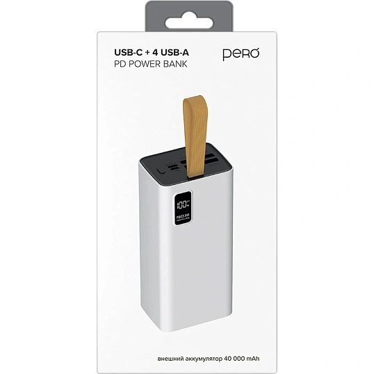 Внешний аккумулятор PERO PB08 40000 mAh,Li-Pol,output USB-C + 4USB-A,белый