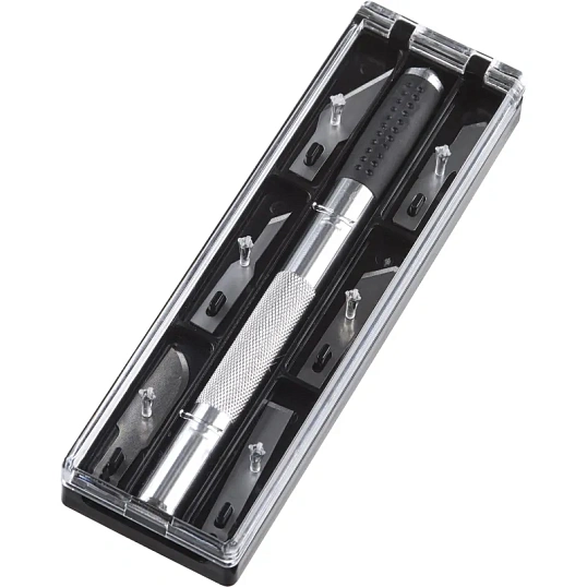 Нож макетный TOPFORT Набор 7поз.:нож мет.+TPR + 6лезв.разн.тип,пласт.бокс