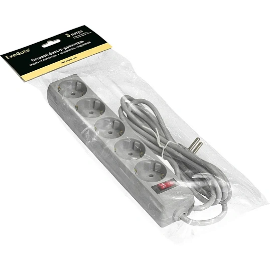 Сетевой фильтр ExeGate SP-5-3G 5р/3м, 10А/2,2кВт, серый(EX221186RUS)