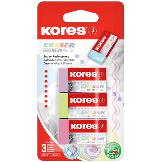 Ластик Kores 40x21x10мм 3 шт/уп, пастельный KE-30, блистер 40315