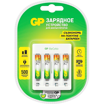 Зарядное устройство GP E411/75AAAHCCS-2CR1, 4 слота + 4 акк. 750 mAh
