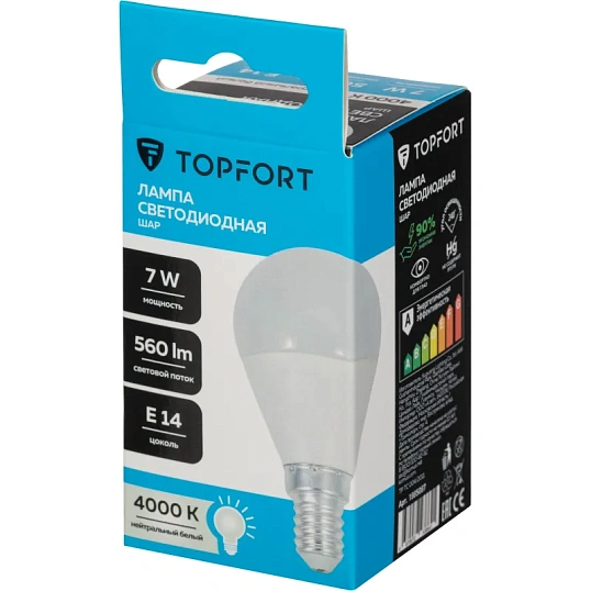 Лампа светодиодная Topfort E14 7W 4000K шар