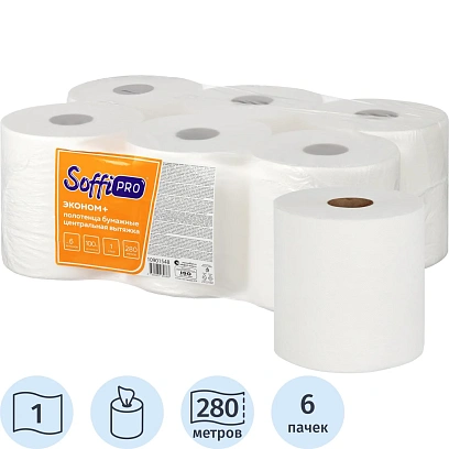 Полотенца бумажные д/дисп SoffiPRO Эконом+ 1сл ЦВ бел 280м 6рул/уп_10901548