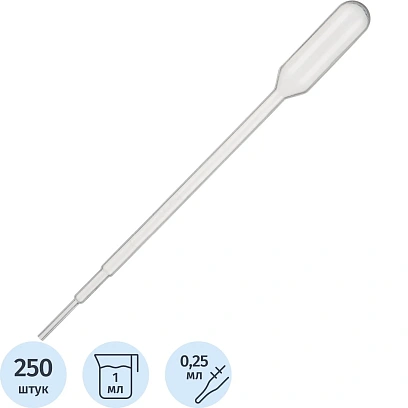 Пипетка Пастера 1мл, 145 мм, стер, град, 250шт/уп