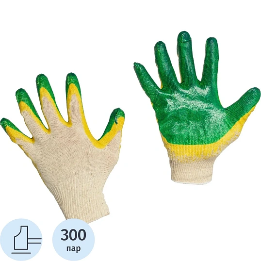 Перчатки защитные трикотажные двойной латексный облив цв.зеленый 300пар/уп