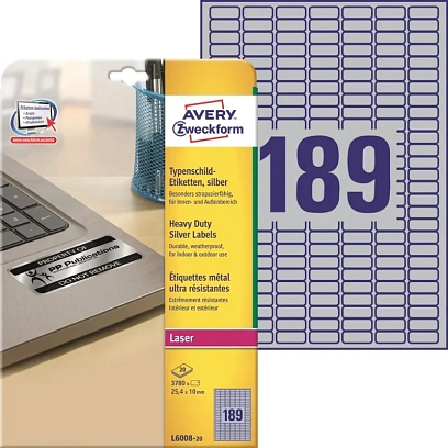 Этикетки самоклеящиеся L6008-20 25,4 x 10 мм, L серебристые, 3780 шт, 20 л