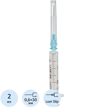 Шприц 2-комп. однораз. 2мл LS 23G(0,6x30) прил. 100шт/уп KD-Ject