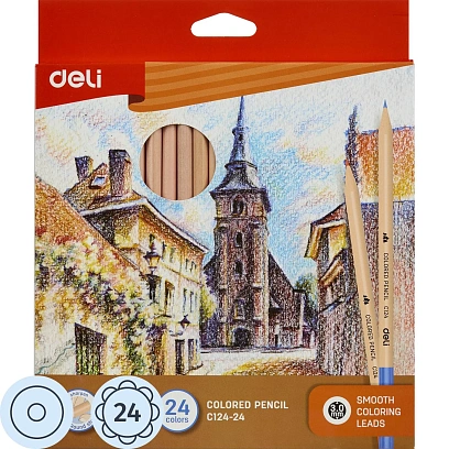 Карандаши цветные Deli 3,0 мм заточен., корп.дерев. 24цв/наб 24C CC124-24