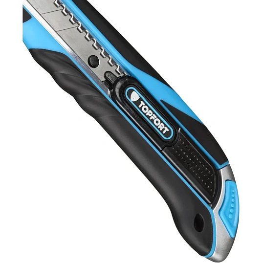 Нож универсальный TOPFORT 18мм с мет.напр.,дв.сист.выдв.+блок.лезв.,ABS+TPR