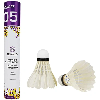 Воланы для бадминтона TORRES 05 (перо/пробка), BD20130, уп.12шт.бел