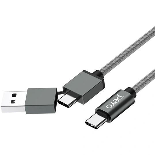 Кабель PERO, DC-07, 1м, Type-C/USB-A to Type-C, 60W, серый