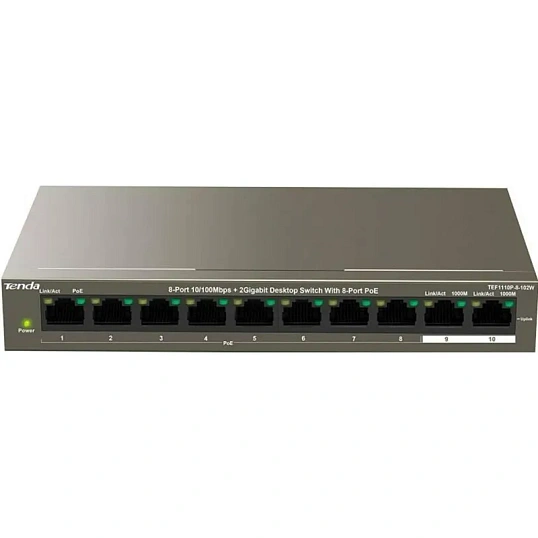 Коммутатор Tenda TEF1110P-8-102W 10/100 Мбит/с + 2 Гбит с 8 портами PoE