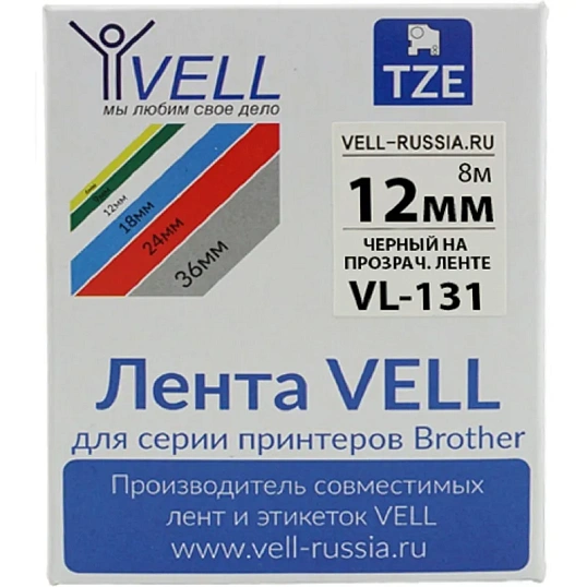 Картридж Vell VL-131 (Brother TZE-131, 12 мм, черный на прозрачном) для PT