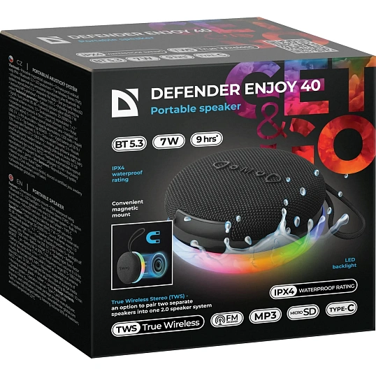 Портативная акустика Defender Enjoy 40, 7Вт, Magnet/BT/IPX4/FM/TF/TWS