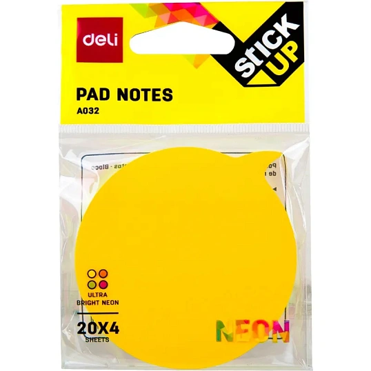 Стикеры с клеевым краем Deli 76х76 мм,20 листов,неон-е,форма в асс-те      