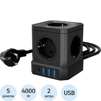 Сетевой фильтр AGNI  5р/2м,3USB 1TYPE-C,черный(TP-VE4U5E-C-2m-black)