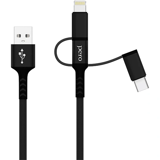 Кабель PERO, DC-06, 2.4А, 2м, Lightning/micro USB/Type-C, черный