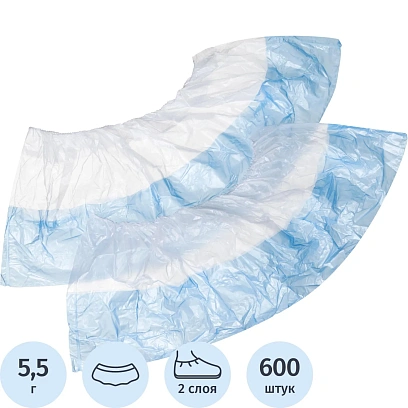 Бахилы 5,5 г, 1рез, 2-ая под, бело-синий, 15+15 мкм, Комус, 300пар/уп