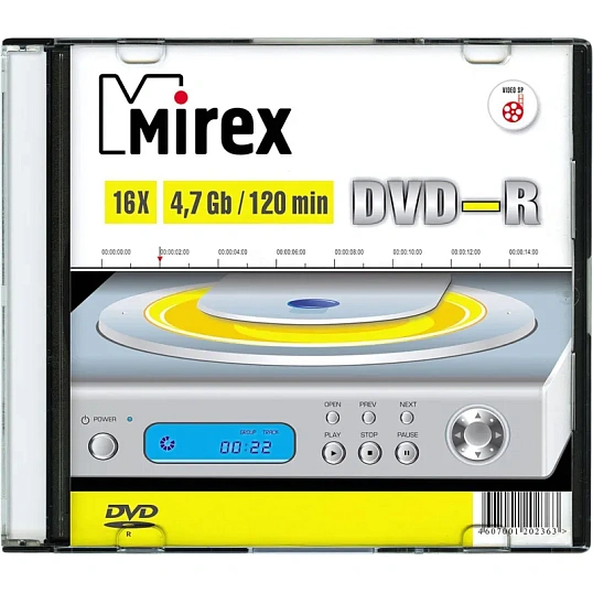 Носители информации DVD-R, 16x, Mirex, Slim/1, UL130003A1S