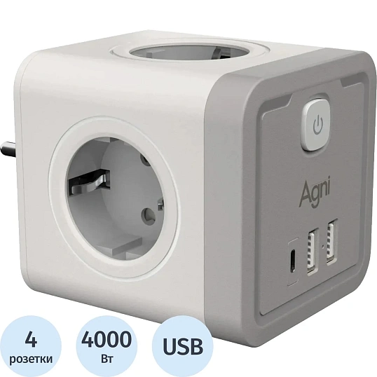 Тройник AGNI 4/220 + 2 USB + 1 Type C,белый(TP-WJ3U4E-C-white)