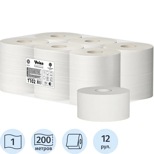 Бумага туалетная д/дисп Veiro Q2 Basic 1сл сер вторич 200м 12рул/уп T102