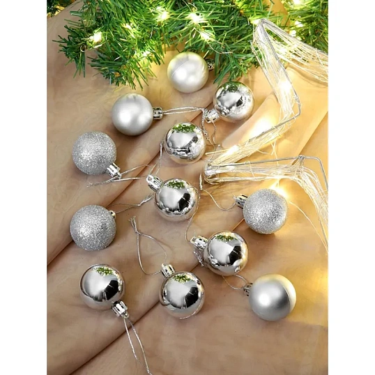 Набор шаров елочных 12 шт Чудеса, 4 см, серебряный с узором НУ-5623