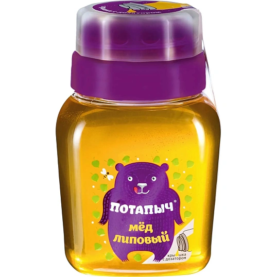 Мед Потапыч натуральный липовый,стекло, пластик.банка с дозатором, 500г