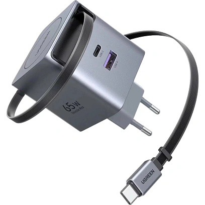 Зарядное устройство UGREEN X615(65825)выдв каб,65W GaN,USB-C&A,серый космос