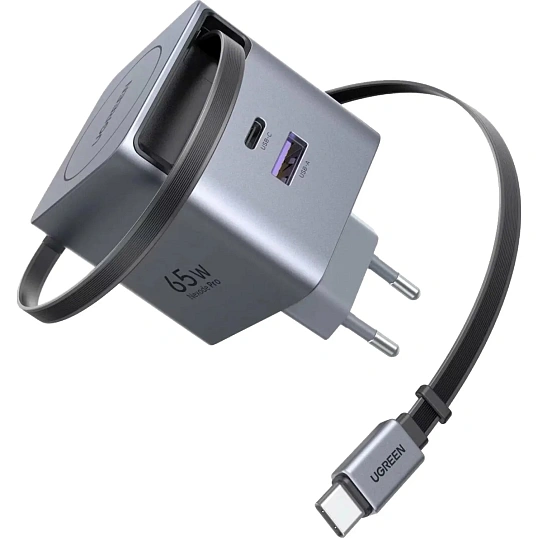 Зарядное устройство UGREEN X615(65825)выдв каб,65W GaN,USB-C&A,серый космос