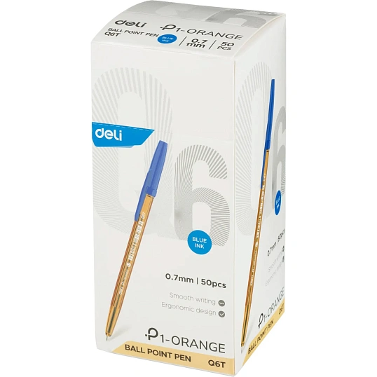 Ручка шариковая неавтомат. Deli P1-Orange EQ6T, пулев.нак,0.7мм,син.черн