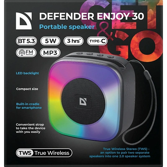 Портативная акустика Defender Enjoy 30, 5Вт, BT/Light/FM/USB/TF/Type-C